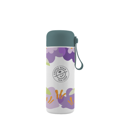 Floral-patterned water bottle with a visible brand logo on a white background