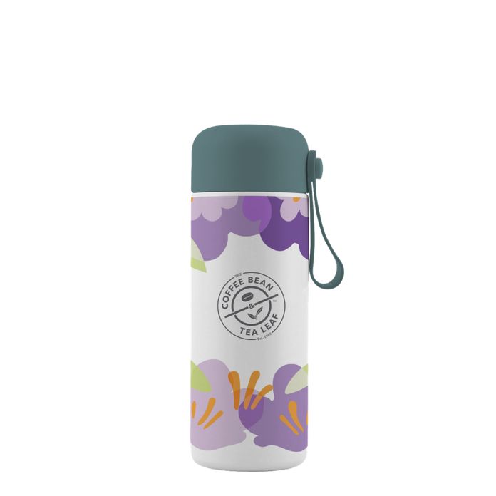 Floral-patterned water bottle with a visible brand logo on a white background