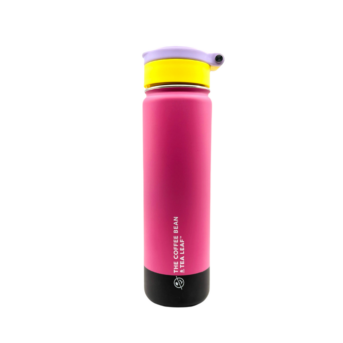 Pink water bottle with yellow cap on a white background