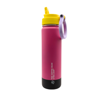 Pink water bottle with yellow lid and black base on a white background