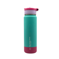 Turquoise and pink water bottle with a visible brand logo on a white background