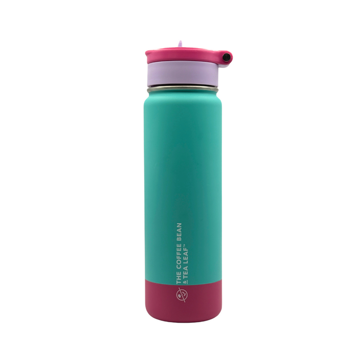 Turquoise and pink water bottle with a visible brand logo on a white background