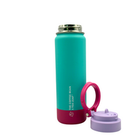 Turquoise and pink water bottle with a purple lid on a white background