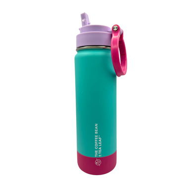 Teal water bottle with pink accents and a straw lid on a white background