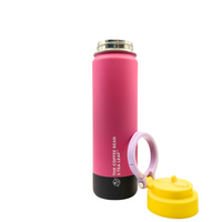 Pink insulated bottle with a purple handle and yellow cap on a white background
