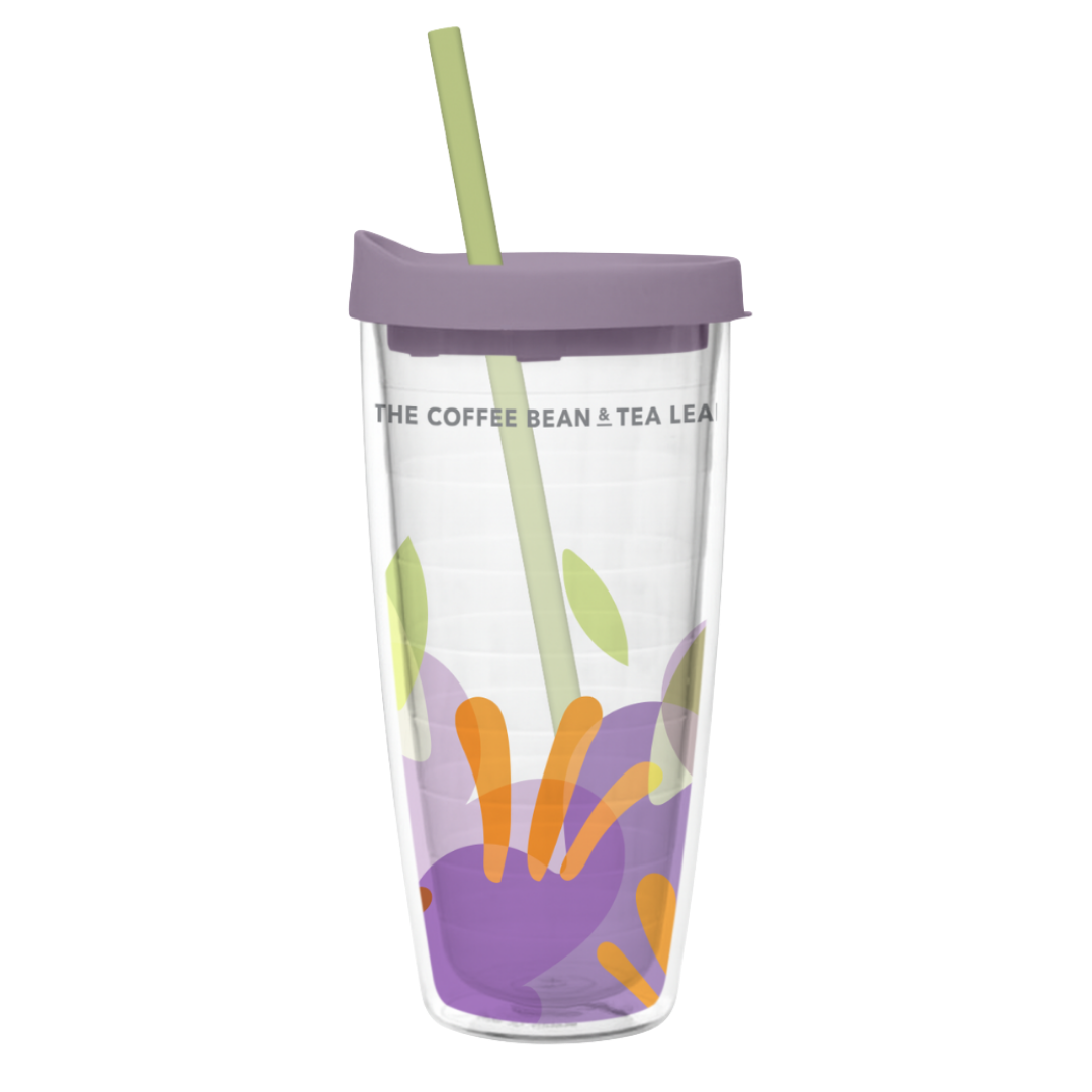 Clear tumbler with purple lid and colorful design on a white background