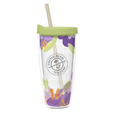 Clear tumbler with floral design and green lid on a white background