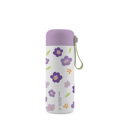 Floral-patterned water bottle with a purple lid on a white background