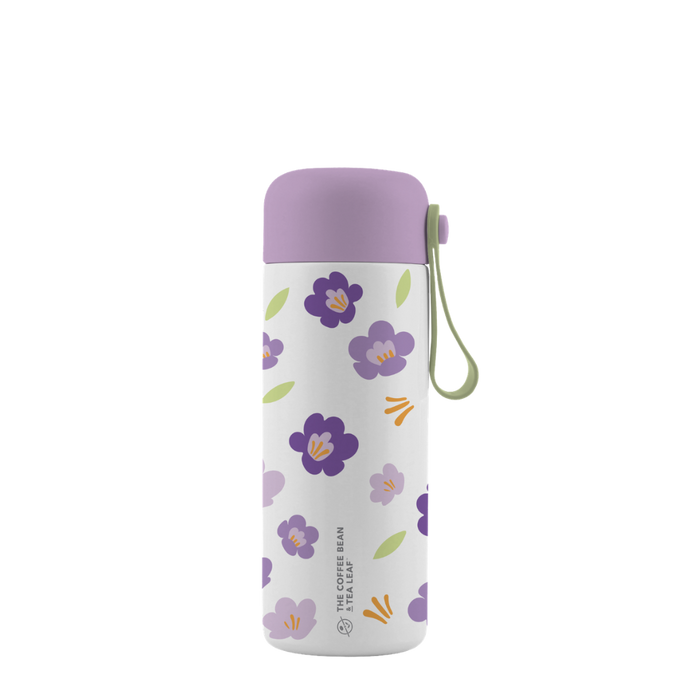 Floral-patterned water bottle with a purple lid on a white background