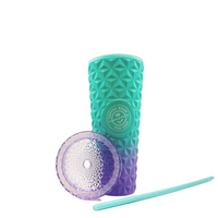 Teal and purple textured tumbler with lid and straw on a white background