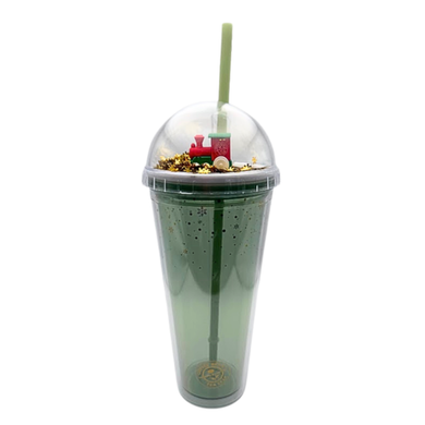 Clear plastic cup with a lid and straw on a white background