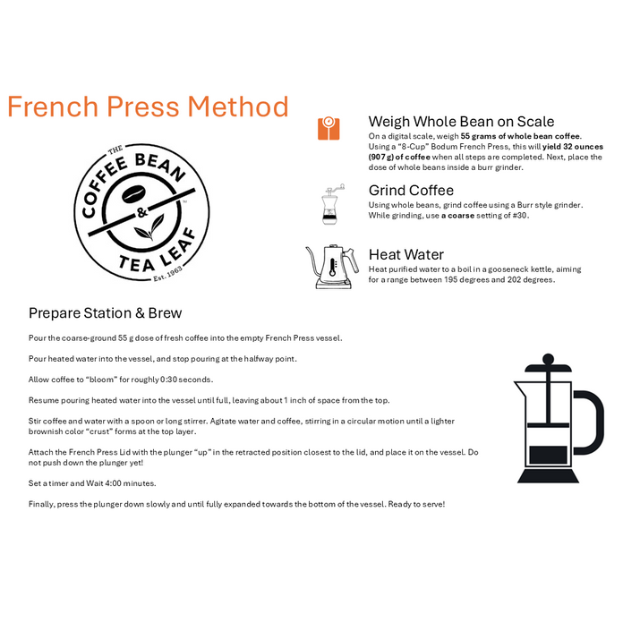 Instructions for the French Press Method with coffee bean and tea leaf logo.