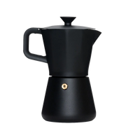 Black MiiR coffee percolator on a white background with brass screw