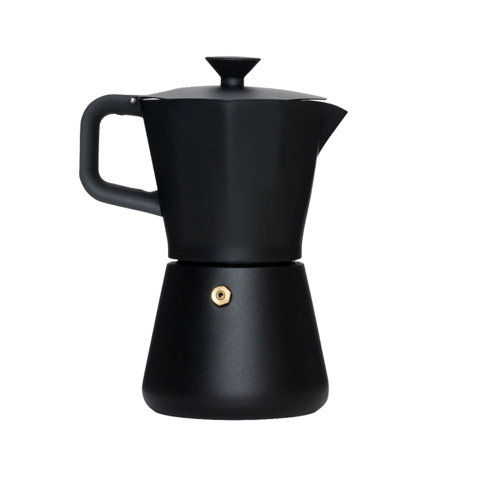 Black MiiR coffee percolator on a white background with brass screw