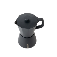 Topdown view of Black MiiR coffee percolator on a white background wiht "MiiR" printed on center bottom