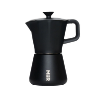 Black MiiR coffee percolator on a white background wiht "MiiR" printed on center bottom