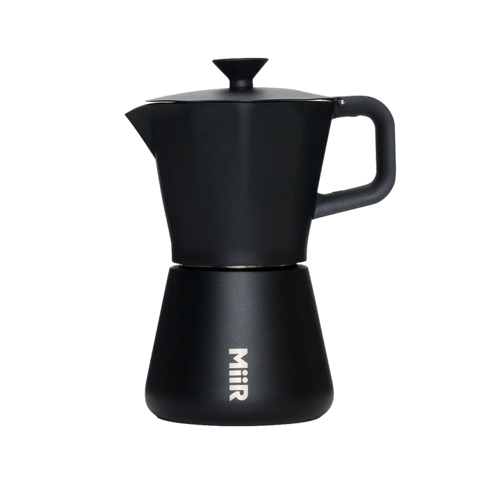 Black MiiR coffee percolator on a white background wiht "MiiR" printed on center bottom