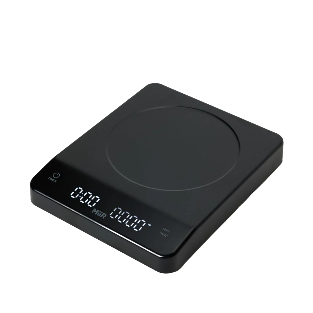Black "MiiR" digital kitchen scale on a white background