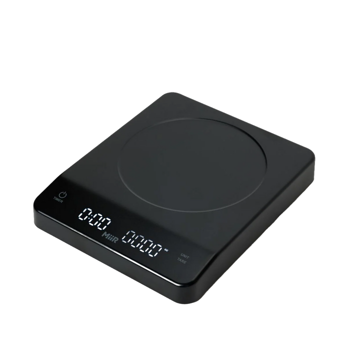 Black "MiiR" digital kitchen scale on a white background
