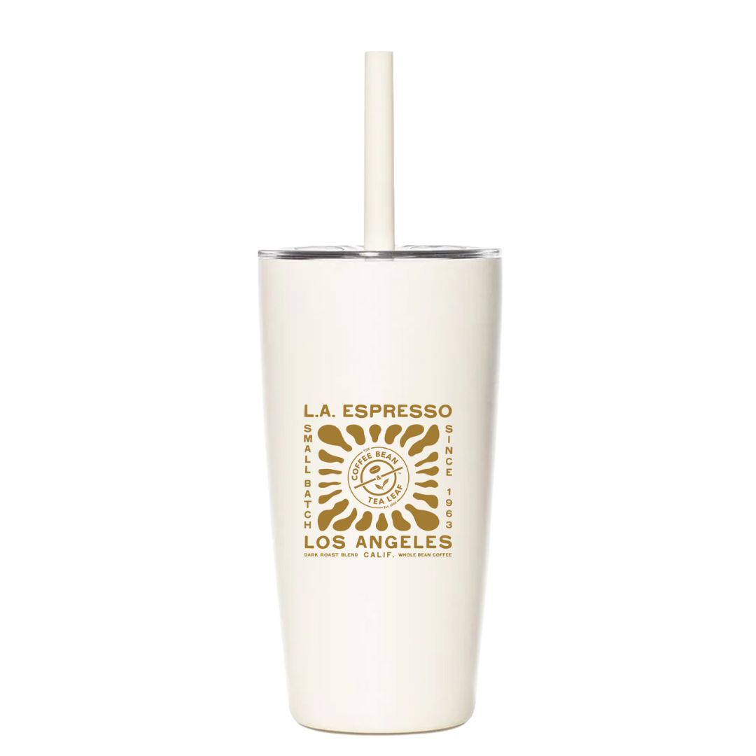 Cream insulated tumbler with straw featuring Coffee Bean & Tea Leaf “L.A. Espresso Small Batch Los Angeles” graphic