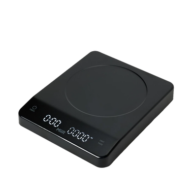 Black digital kitchen scale on a white background