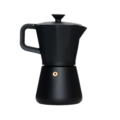 Black stovetop espresso maker on a white background