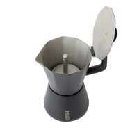 Gray coffee maker with a lid on a white background