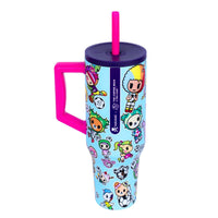 Colorful tumbler with cartoon character design on a white background