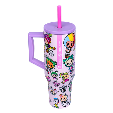 Tumbler with cartoon character design and purple handle on a white background