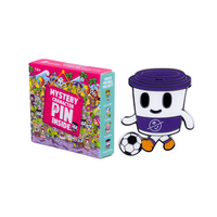 Mystery Character Pin Box with animated tokidoki characters next to an enamel pin of a tokidoki character kicking a soccer ball