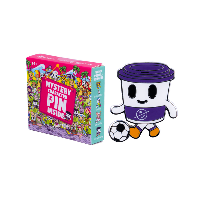 Mystery Character Pin Box with animated tokidoki characters next to an enamel pin of a tokidoki character kicking a soccer ball