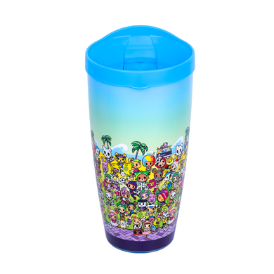 Colorful tumbler with character design on a white background
