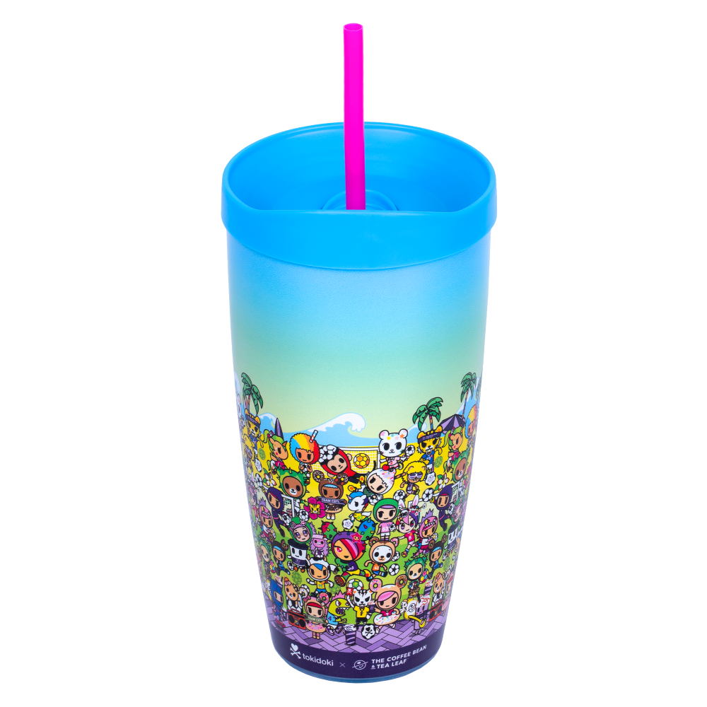 Gradient blue tumbler cup and straw with animated tokidoki characters