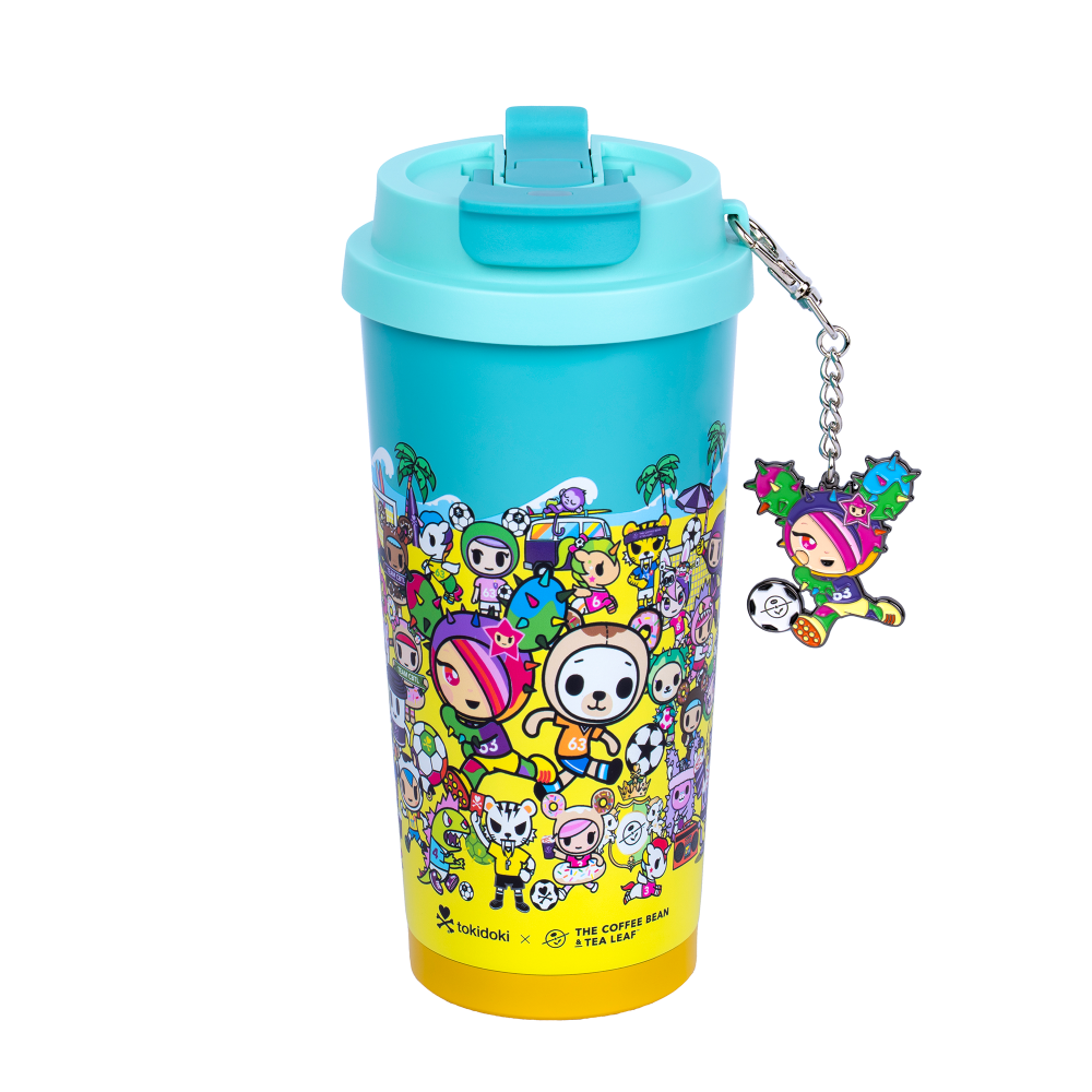 Blue tokidoki tumbler with flip lid, shows animated tokidoki characters on a beach