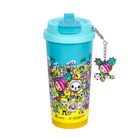 Blue tokidoki tumbler with flip lid, shows animated tokidoki characters on a beach
