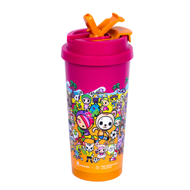 Coral colored tokidoki tumbler with flip lid, shows animated tokidoki characters on a beach